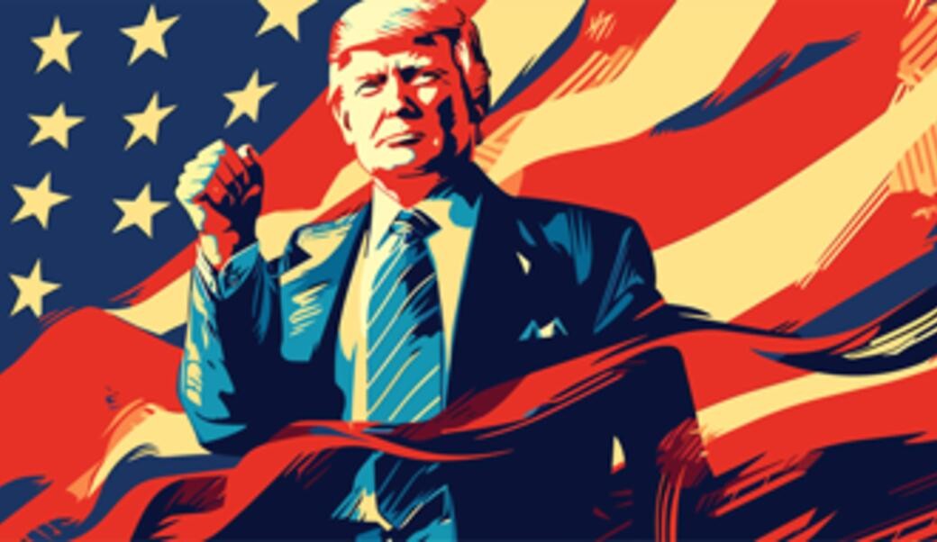 Image of Trump in front of an American flag